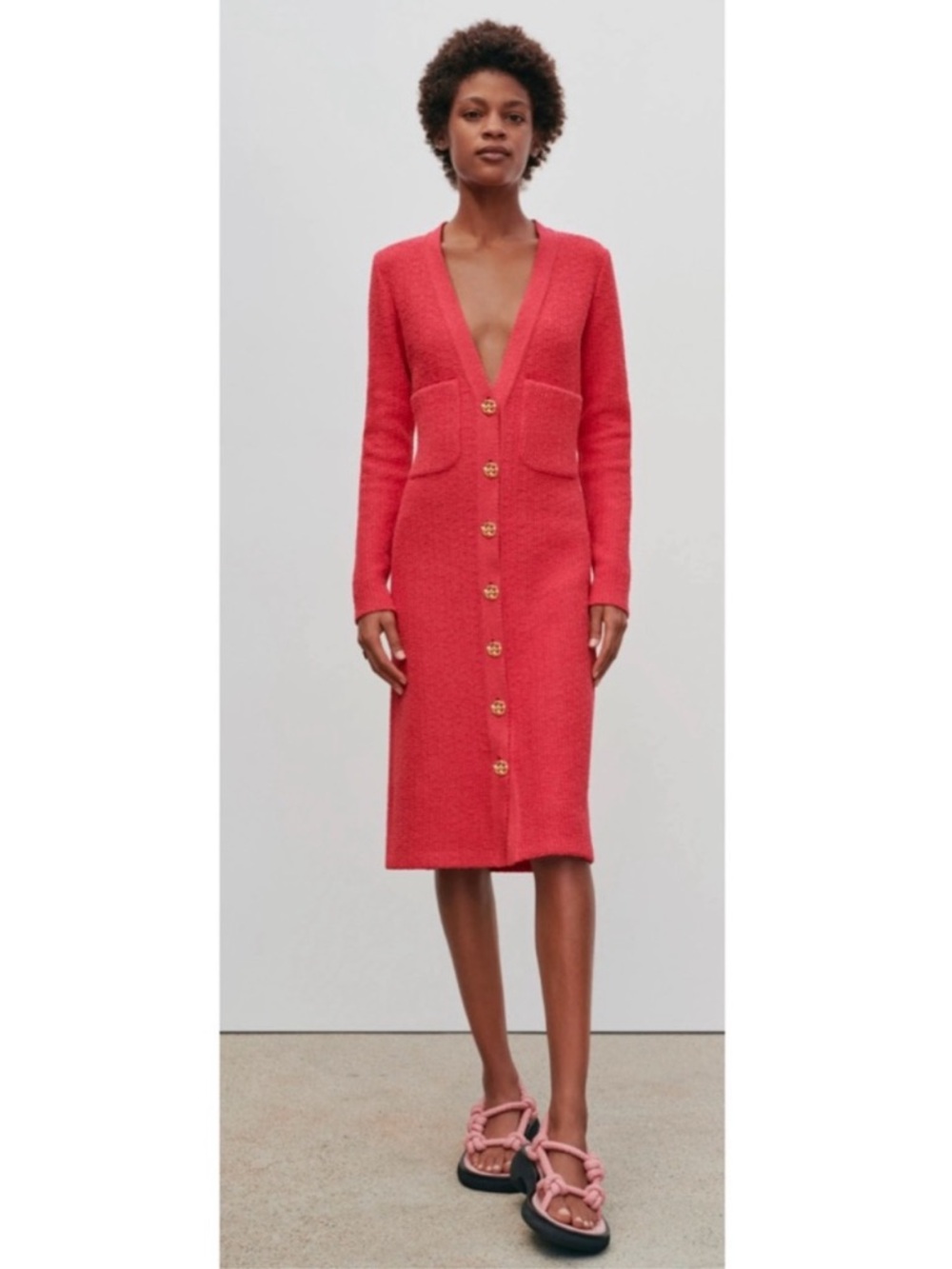 RUNWAY ST.JOHN stretch boucle slub knit long sleeve cardigan dress magenta XL